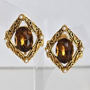 Vintage Florenza Clip On Earrings Faux Topaz Pearl Gold Tone Scroll Elegant